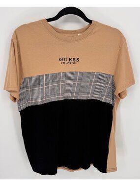 Guess Los Angeles Unisex Tan Plaid Colorblock 90's Crew Neck T-Shirt Size L